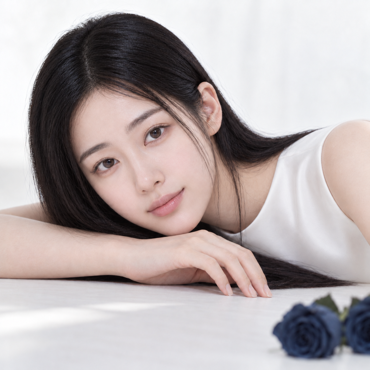차가운 흰 자연광 아래 은은하게 미소 짓는 흑발 모델